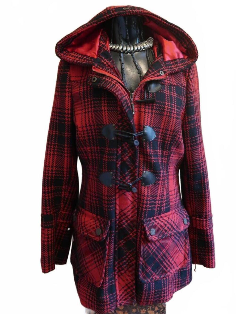 y2k XOXO Red and Black Plaid Hooded Toggle Coat Medium